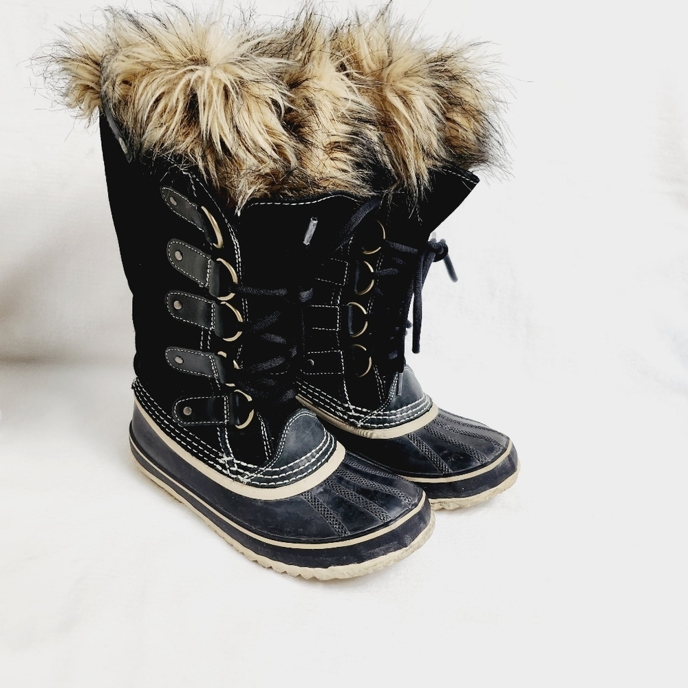 SOREL Joan of Arctic Black Suede Boots Faux Fur Trim